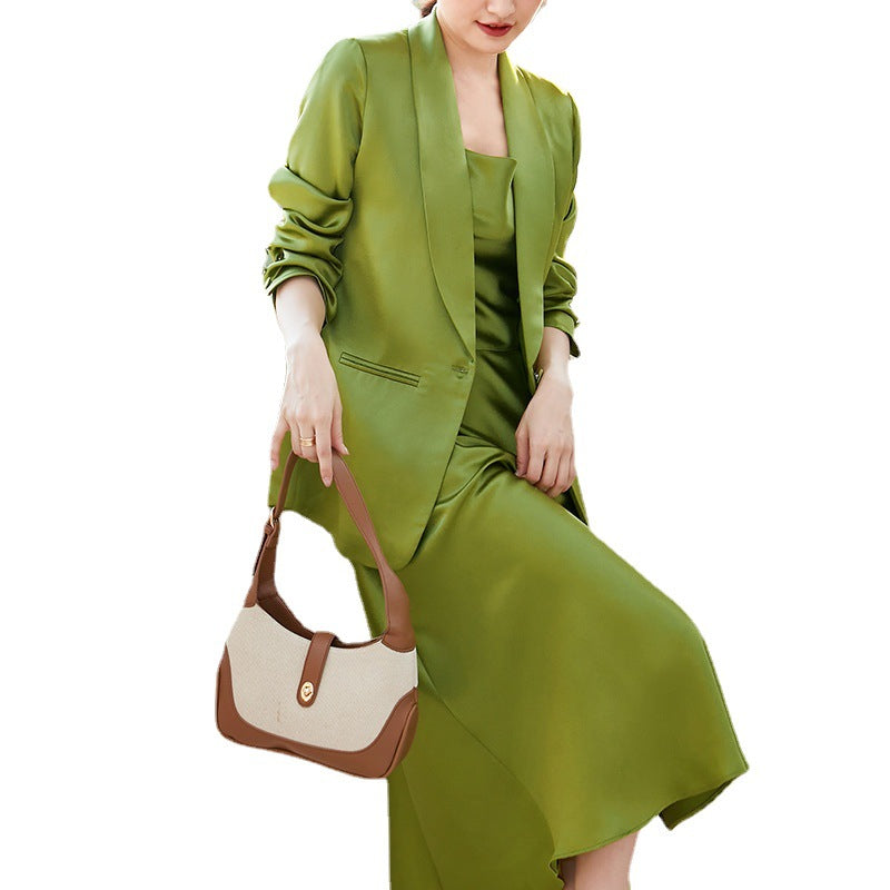 Haute couture clothing swinging collar suspender skirt imported from Japan acetic acid satin suit celebrity temperament small suit suit women