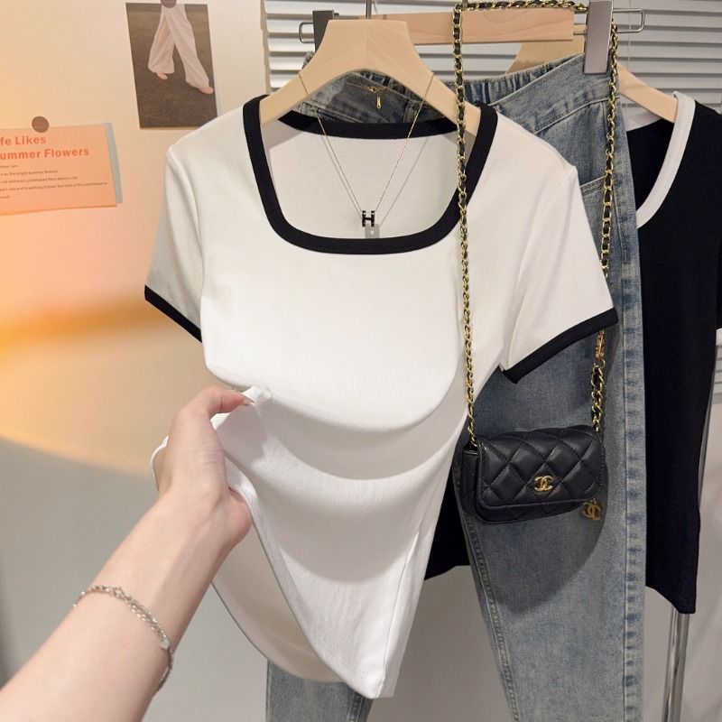 apricot square collar pure desire short-sleeved T-shirt women's summer 2025 new waist fold slim and thin shoulder top