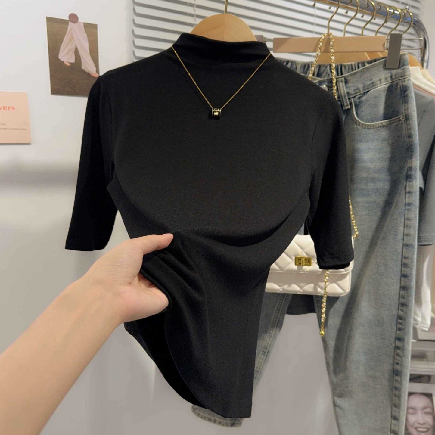 Semi-turtleneck medium-sleeved T-shirt women's spring and autumn new black five-quarter-sleeved versatile fashionable foreign-style top bottoming shirt