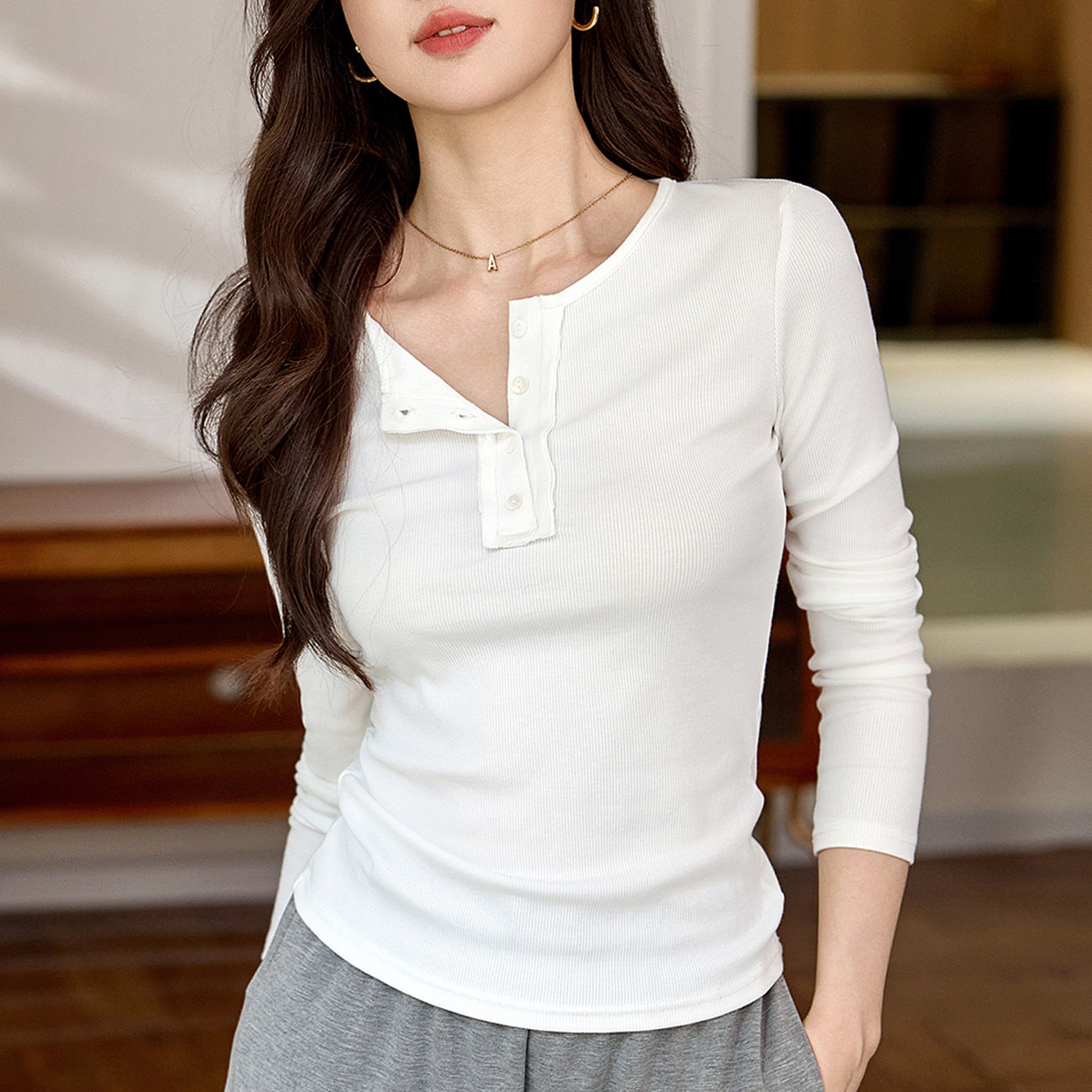 #Selection of high-quality products #Chic design button-up long-sleeved t-shirt women's 2026 autumn and winter new semi-open-necked pure cotton top