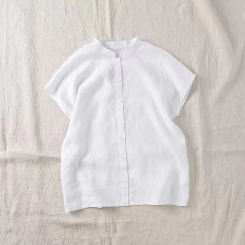 2025 summer new literary loose solid color cotton and linen stand-up neck short-sleeved shirt women's shirt top #8889