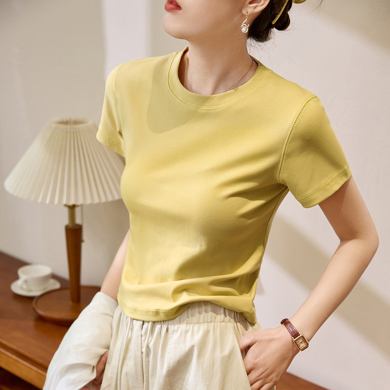 Flower needle thread 230g combed cotton T-shirt women's summer new short-sleeved foreign style round neck front shoulder casual versatile top