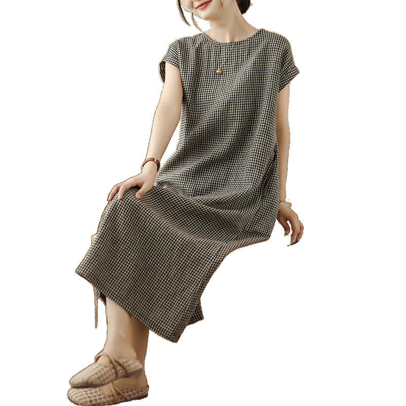 In the summer of 2025, the new cotton and linen plaid literary and loose casual medium and long dresses women's clothing