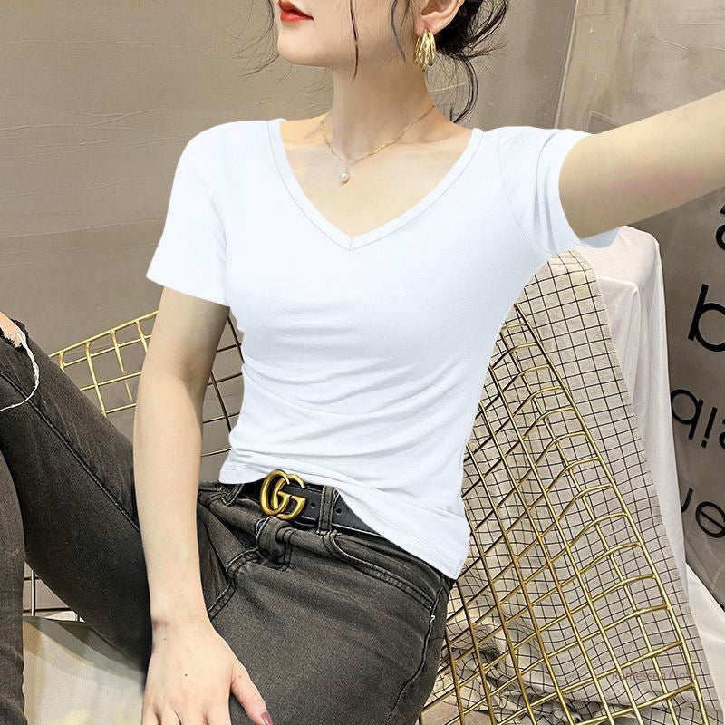 Modal short-sleeved t-shirt women's summer slim-fitting and thin V-neck top thin ice silk chicken heart collar half-sleeved foreign style t-shirt