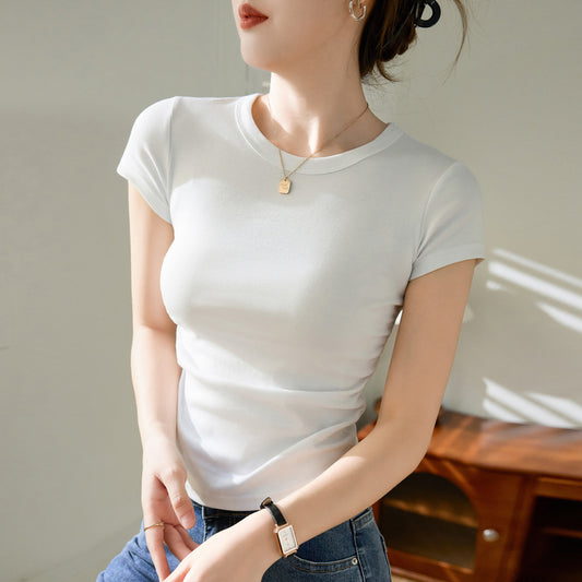 [Selection of cotton] Pleated waist pure cotton T-shirt women's summer short sleeves 2026 new waist short thin bottoming shirt
