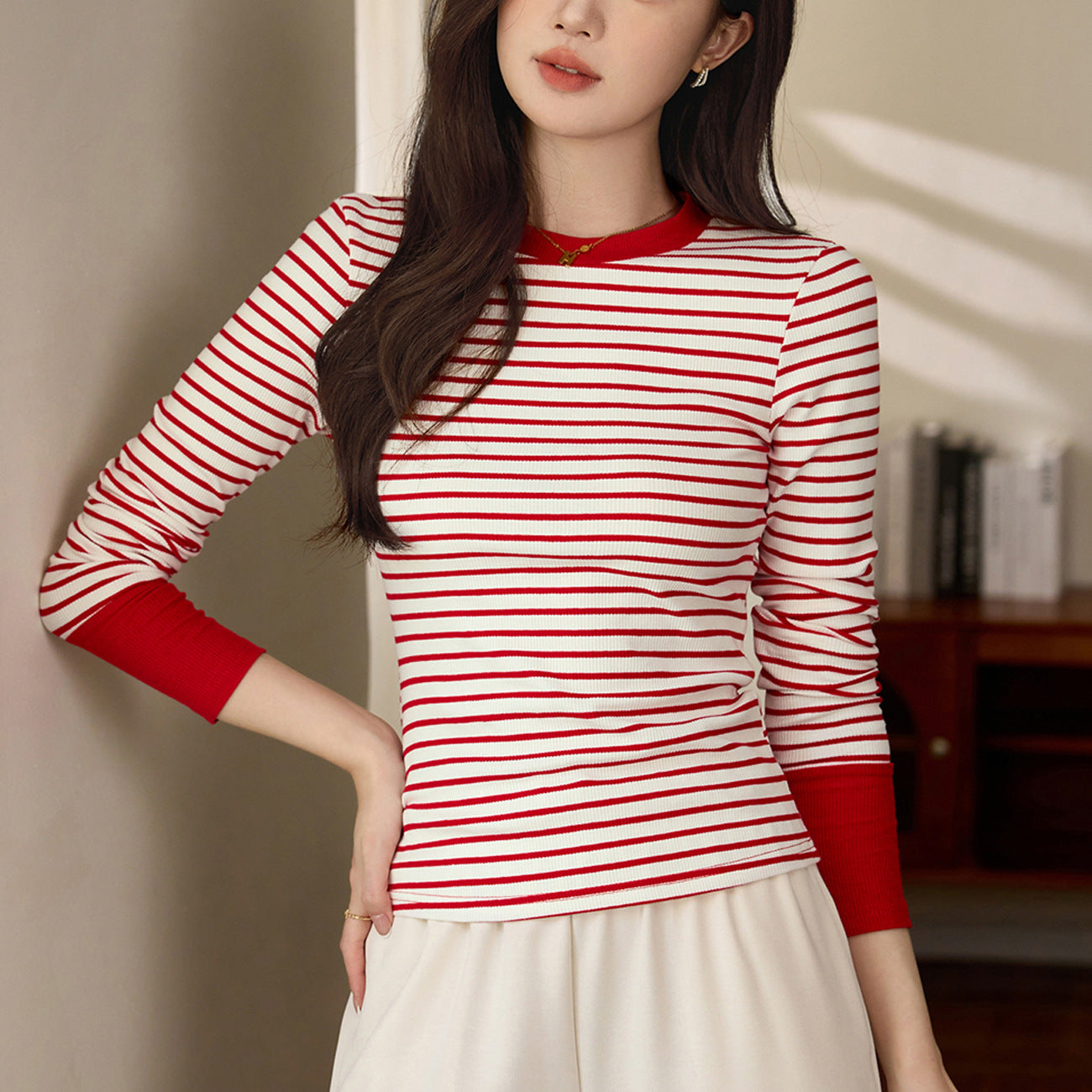 #Selection of pure cotton #High-end contrasting striped T-shirt women's long-sleeved 2026 autumn and winter new foreign-style shoulder bottoming shirt