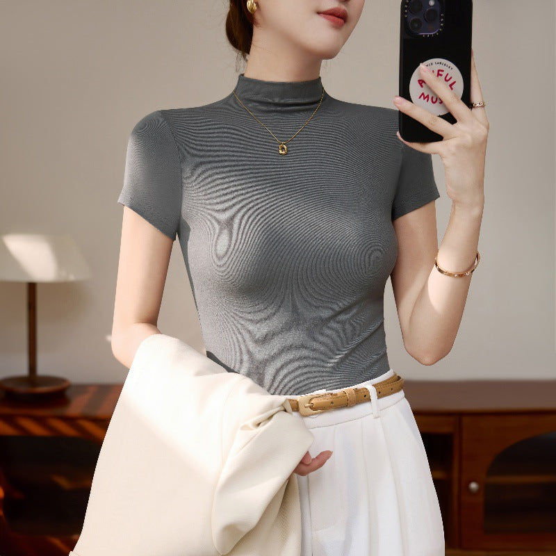 Basic beautiful base shirt, women's semi-turtleneck, apricot slim short-sleeved T-shirt, summer foreign style front shoulder top, 2025
