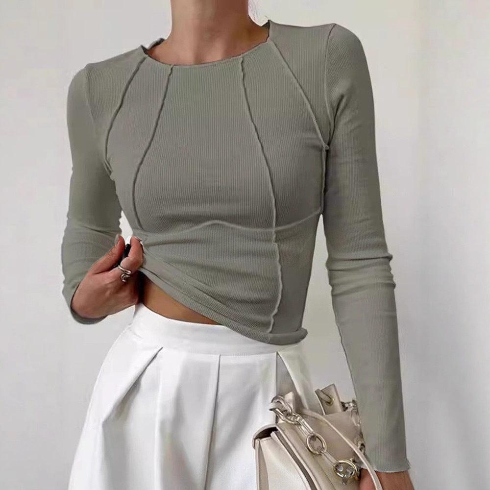 2025Shein European and American new spring and autumn cross-border foreign trade sweet and spicy solid color split chest long-sleeved crew neck T-shirt short