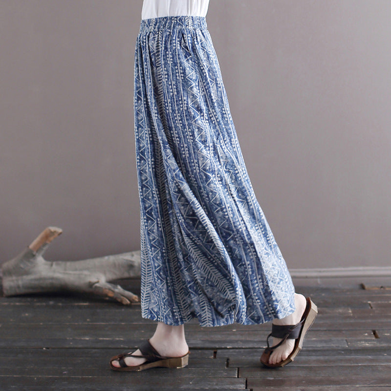 2024 summer thin literary cotton and linen wide-leg floral ethnic style loose batik elastic waist culottes straight-leg pants women