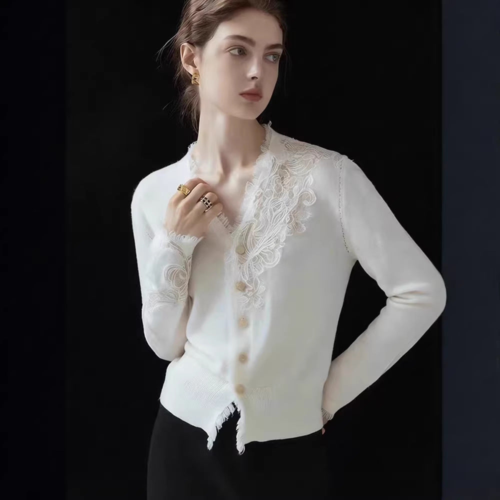 "Mist Misty" Quiet Luxury/Willful Realm _ Water Soluble Lace + Fine Cashmere Bottom Knitted Cardigan Sweater Women