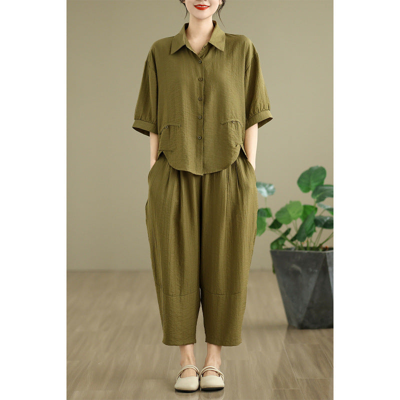 Real shot 2025 summer new literary loose solid color short-sleeved top + Harlan pants set women's two-piece set #0672