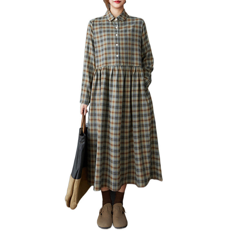 Real shot 2025 spring clothes new women's clothing Korean version loose retro polished plaid thin long-sleeved dress medium and long