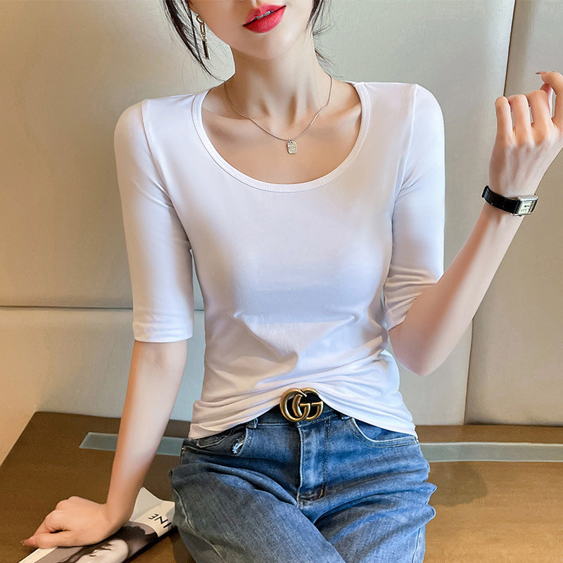 Black Crew Neck Medium Sleeve T-Shirt Women's 2025 Spring and Summer New Versatile Five-Sleeve Top Fashion Inner Bottom Shirt