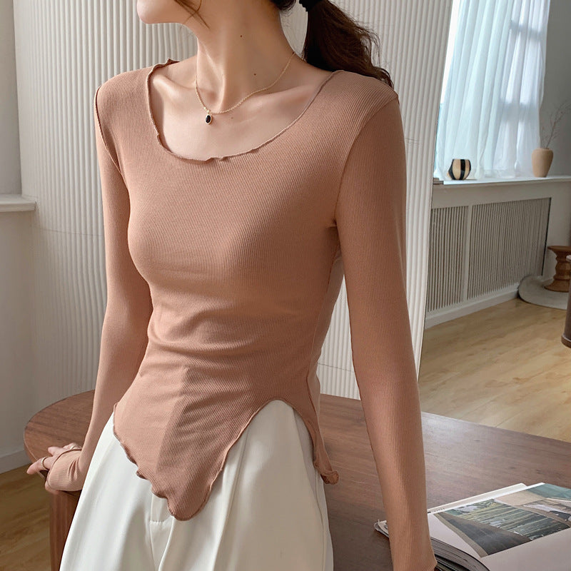 Selection of high elastic threaded cotton curled irregular slit T-shirt women's long-sleeved 2026 autumn new tight bottoming shirt