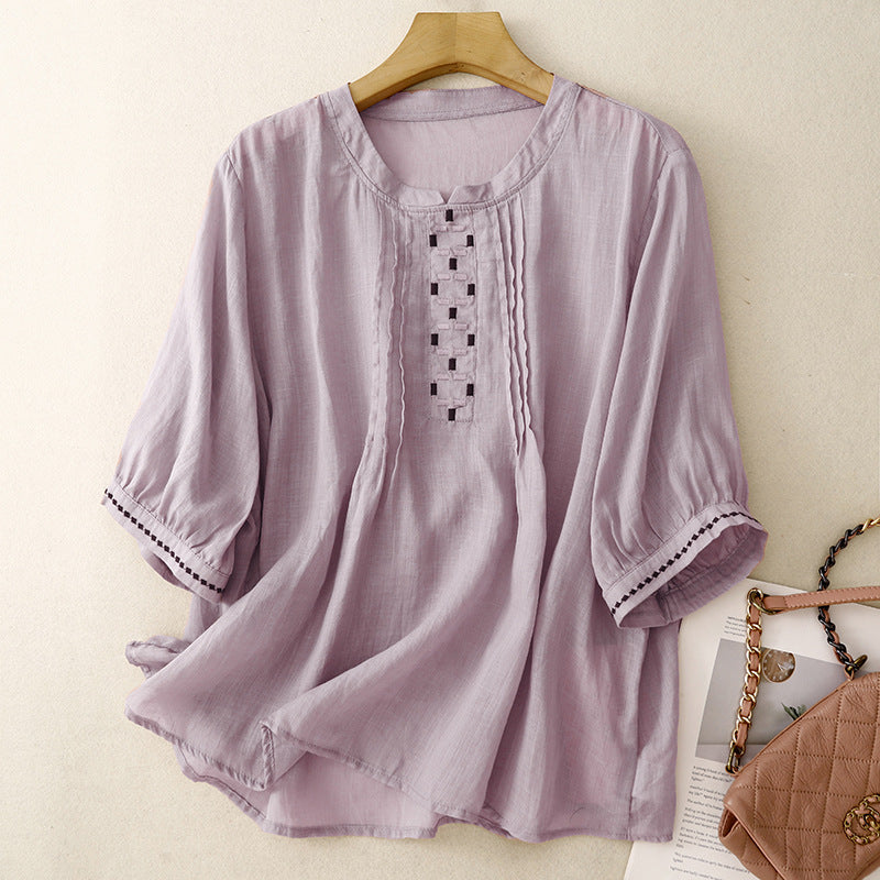 Real shot 2025 new literary and retro age-reducing round neck pleated thin cotton and linen embroidered shirt top women