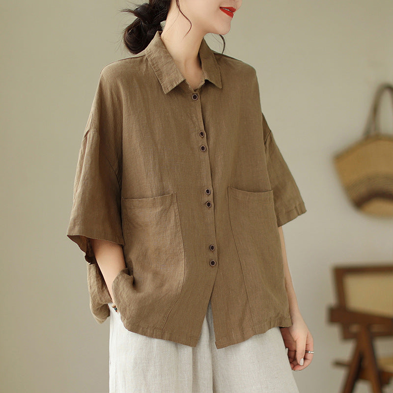 Real shot 2025 summer new literary loose solid color lapel short-sleeved shirt blouse top #702