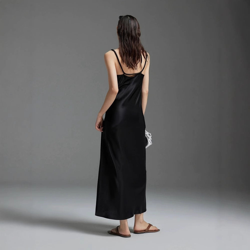 Heavy diagonal cut long tall triacetic acid satin long dress swing neck split fork long suspender dress women's autumn