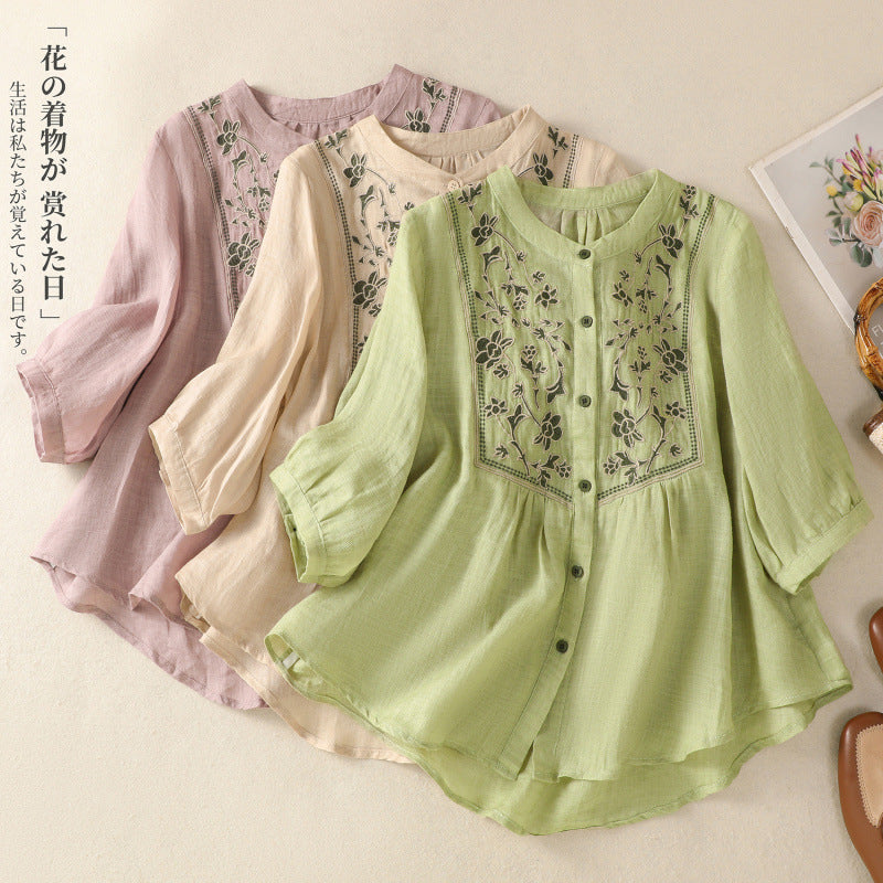 Real shot 2025 summer new cotton and linen literary retro embroidery stand-up collar single-breasted shirt embroidered top women