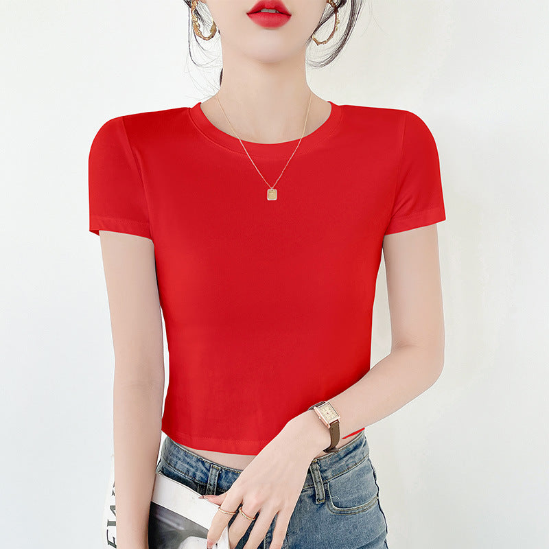 White short T-shirt women's short-sleeved summer slim-fit bottoming shirt, open-button crew neck versatile top, simple cross-border supply.
