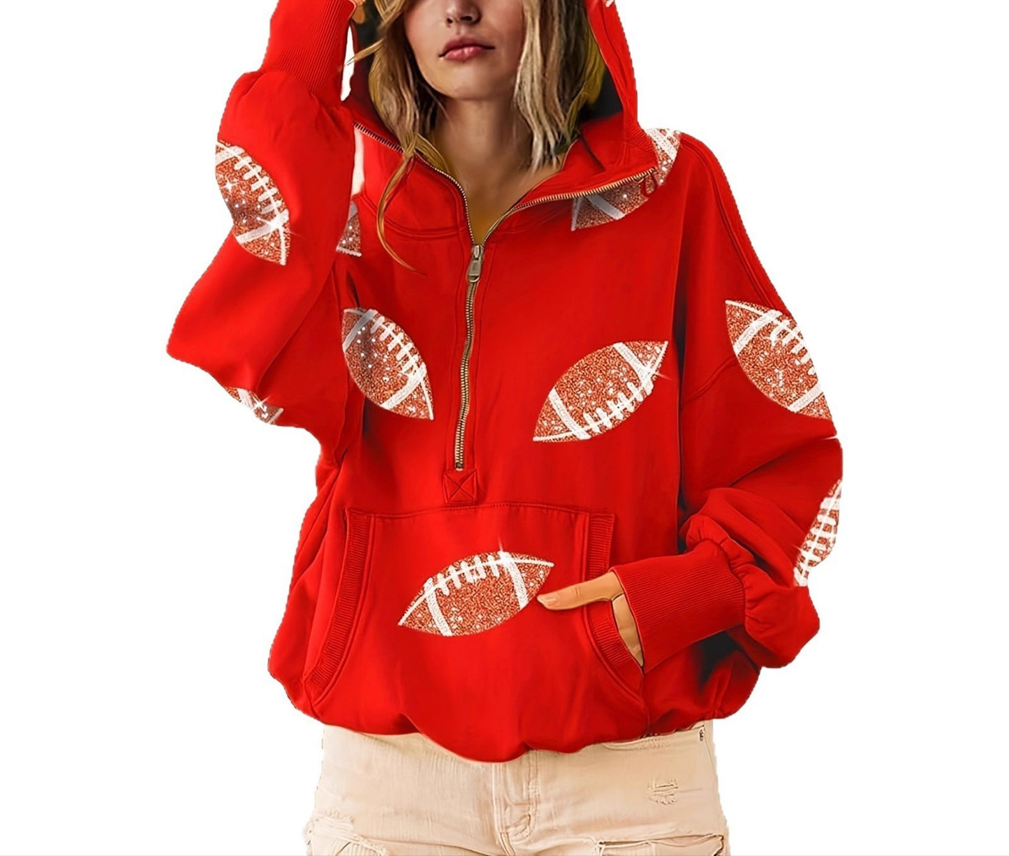 2025 Amazon Independent Station sequined splicing hooded sweater European and American women's clothing zipper drawstring long-sleeved top spot