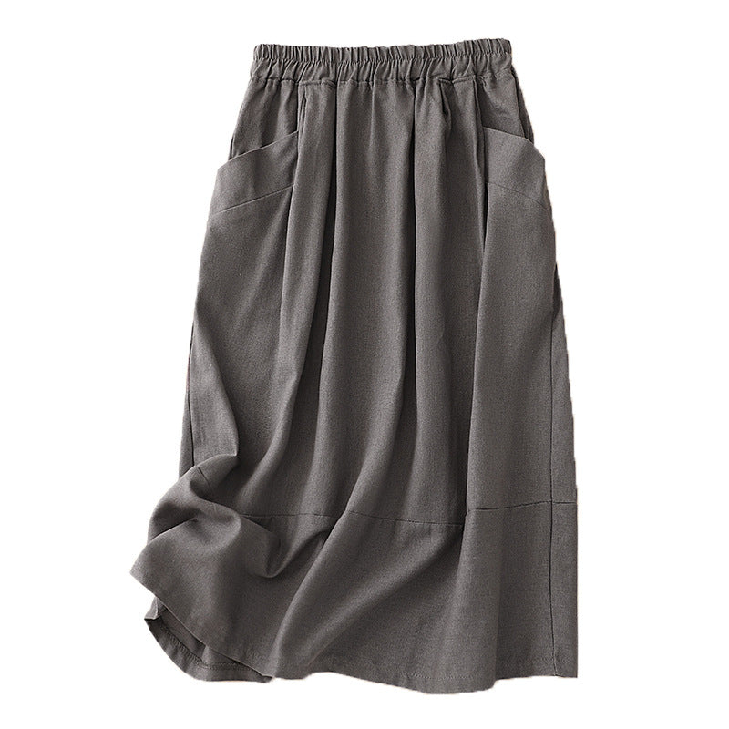 Real shot 2025 autumn new cotton and linen literary and retro skirt high waist loose and thin elastic waist skirt