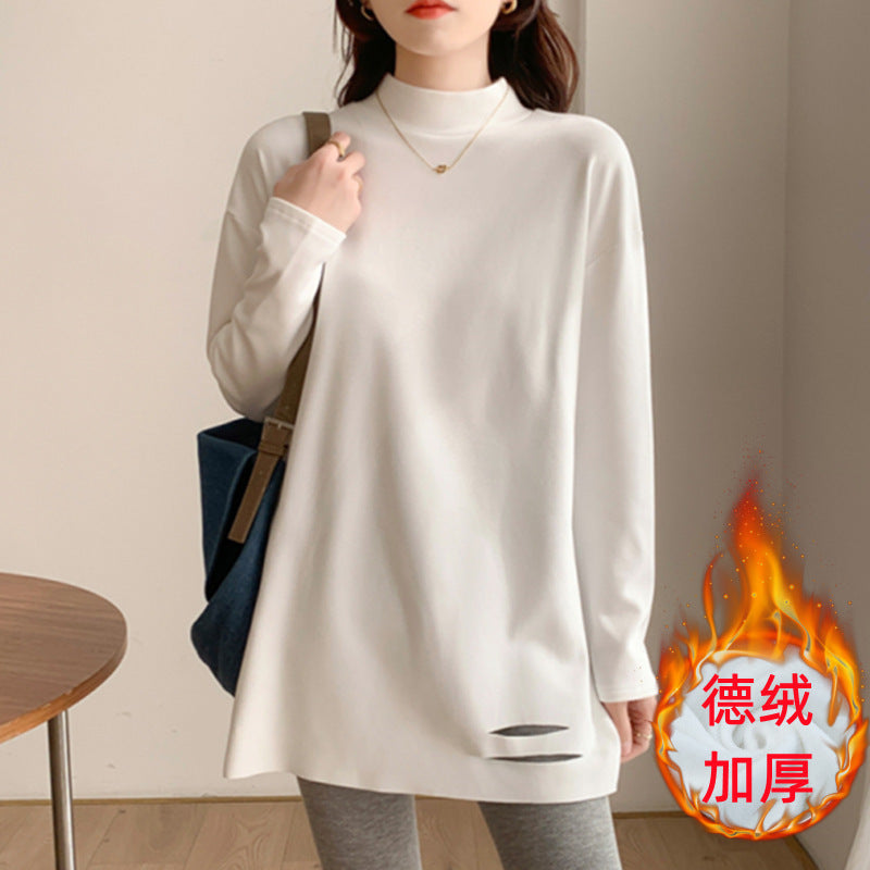 Semi-turtleneck medium and long loose German velvet bottoming shirt for women with foreign style design sense, hem curved thickened top tide