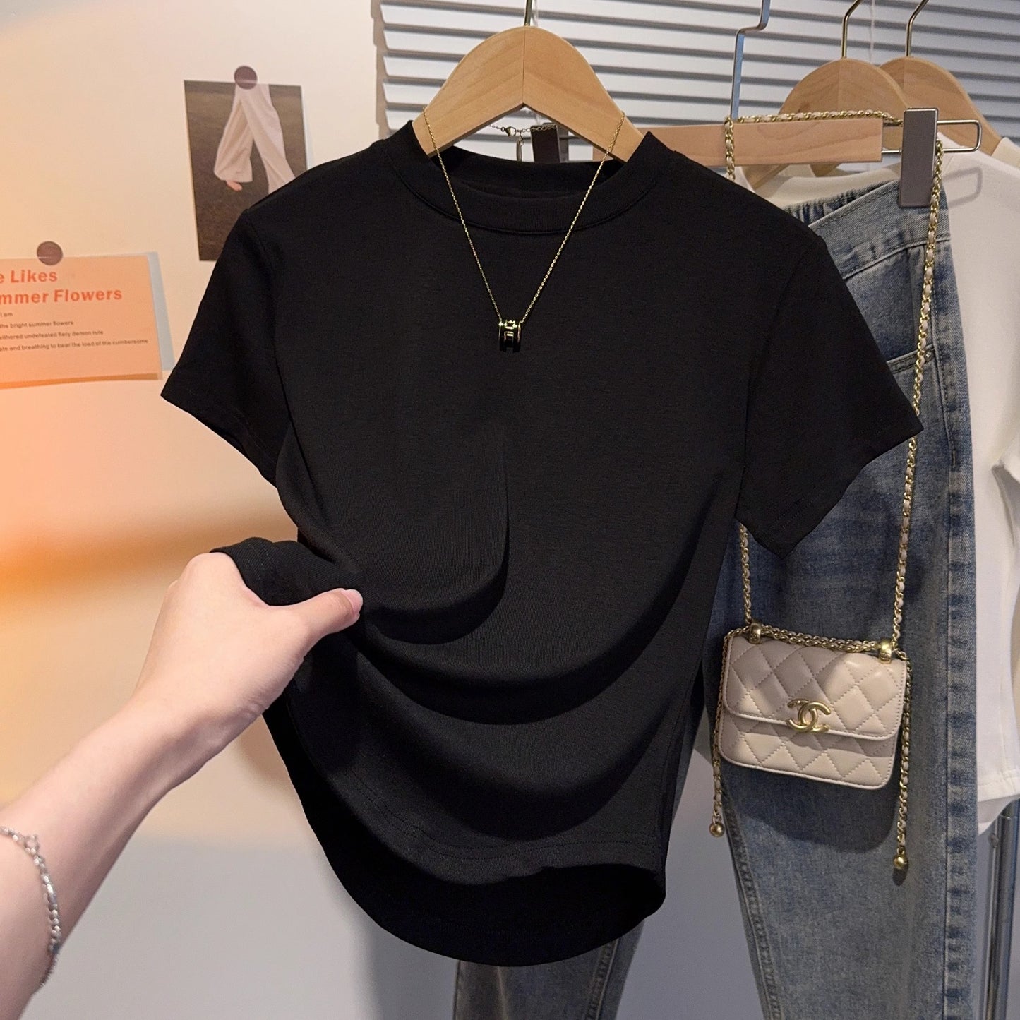 Summer short-sleeved T-shirt women's apricot small stand-up collar front shoulder curved hem slim-fitting American Spice Girl top bottoming shirt tide