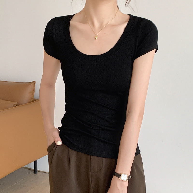 230G combed cotton short-sleeved women's t-shirt 2026 summer new slim and thin waist versatile front shoulder U-neck top