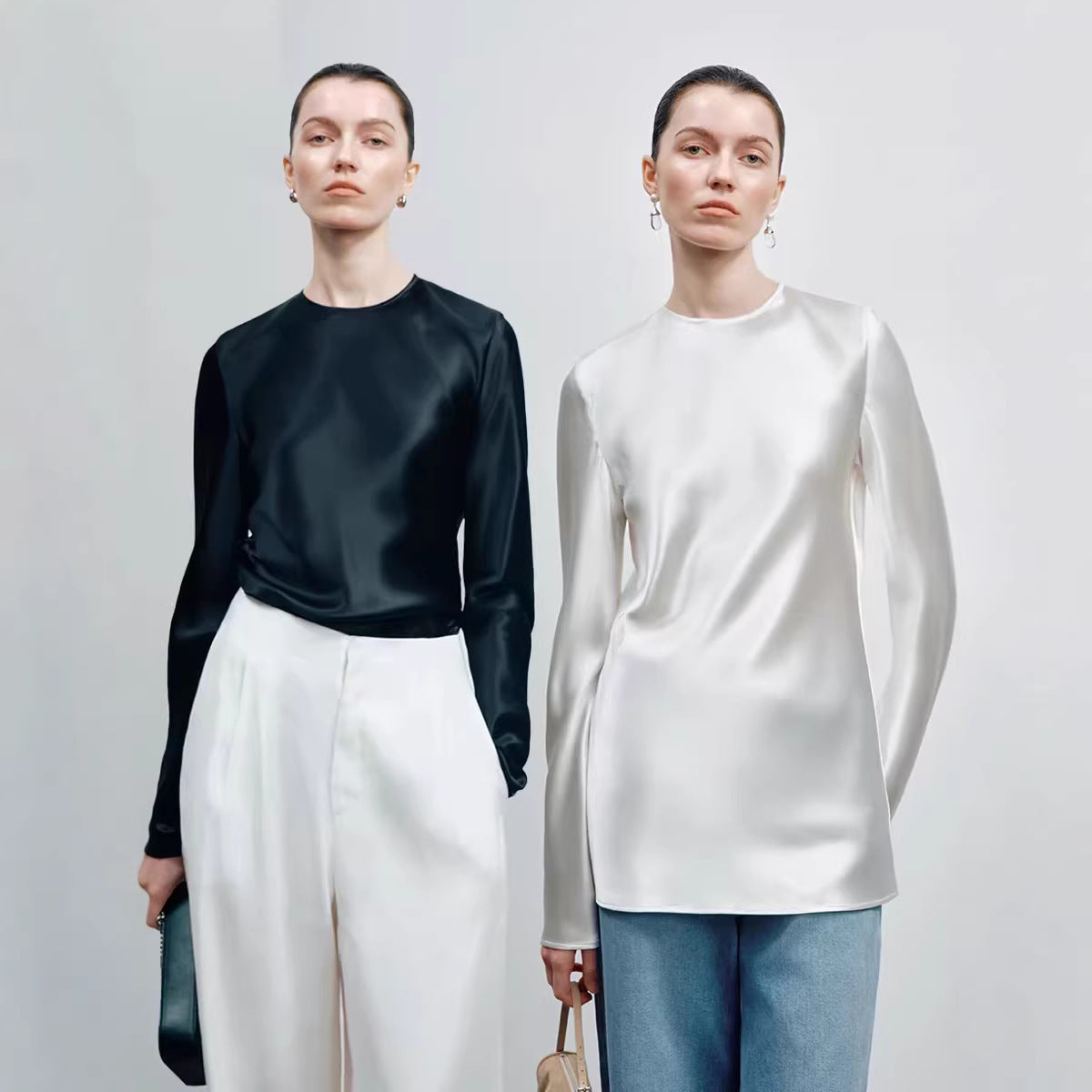 Heavy pearlescent 40 mmi silk Cleanfit quiet luxury haute couture cut crew neck shirt mulberry silk top