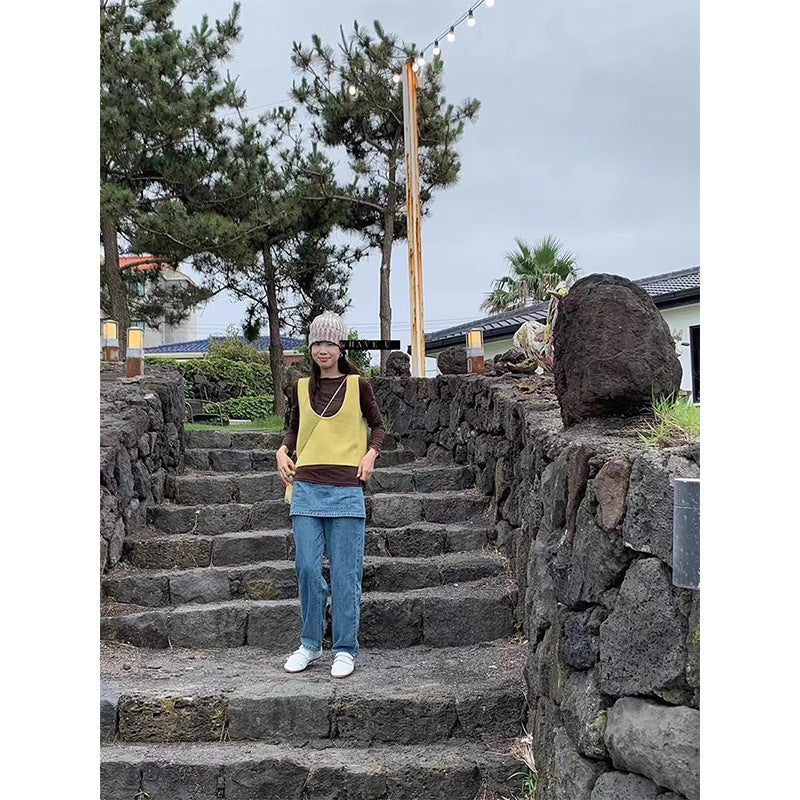 HAVE U wool knitted vest u neck elastic short small Korean ins wind wide shoulder strap stacked vest women