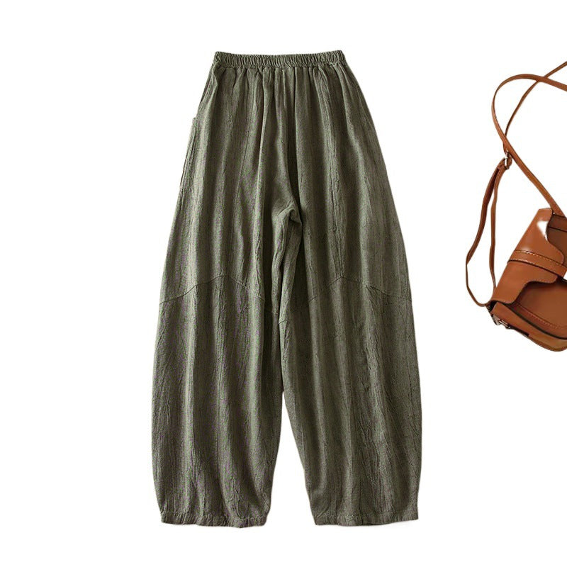 Real shot 2024 summer thin cotton and linen retro bloomers casual loose zen straight radish trousers women