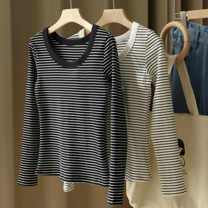 High-quality pure cotton T-shirt women's long-sleeved striped bottoming shirt 2026 autumn new round neck slim-fitting and thin versatile top