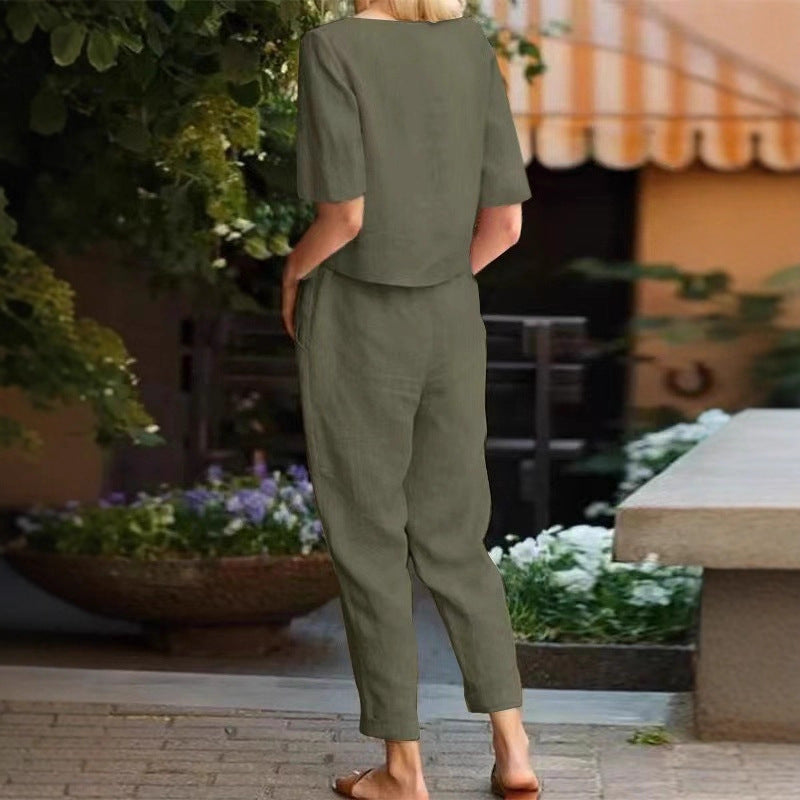 2025 cross-border women's clothing cotton and linen summer commuting matching set half-sleeved O-neck oversized blouse retro two-piece set