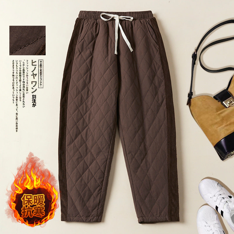 Real shot 2025 winter new retro rhombus padded cotton elastic waist warm Harlan pants casual thickened cotton pants women