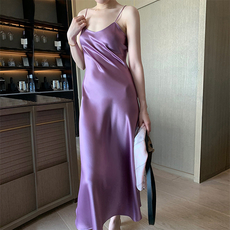 Haute couture [peach orange] acetic acid suspender dress V-neck 24 spring and summer explosion satin thin summer dress