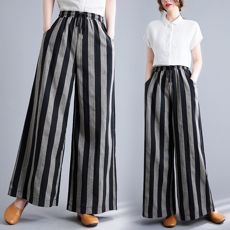 Real shot 2025 spring new retro literary loose striped elastic waist wide leg pants casual trousers women 8247