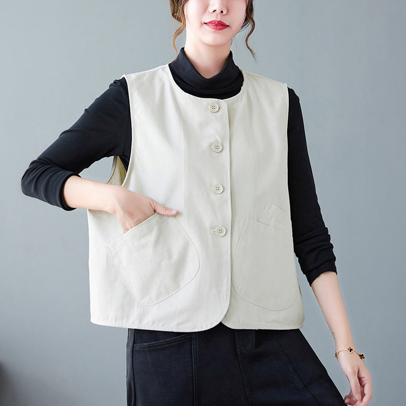 Real shot 2025 spring new literary loose solid color stacked vest women's coat #2085