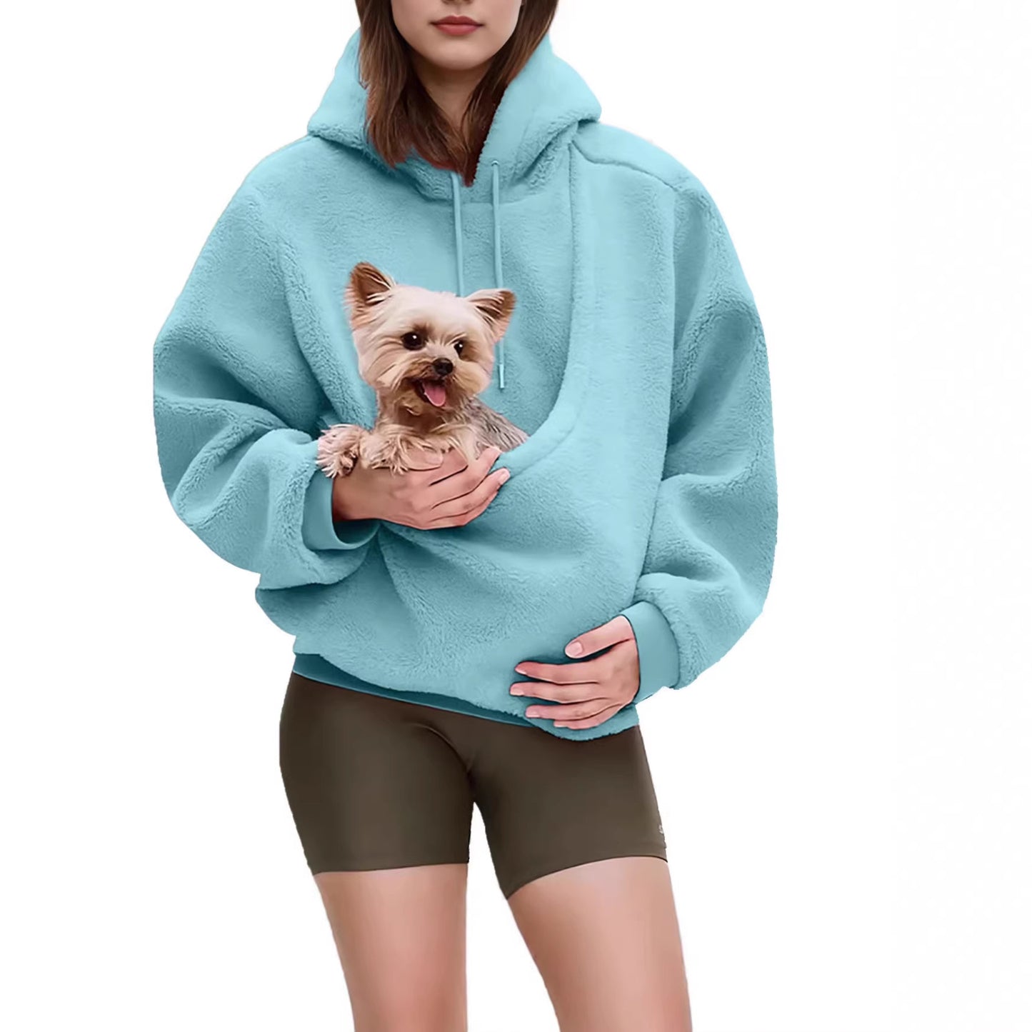 2025 Amazon new model, European, American autumn and winter cross-border solid color hooded plush pet pocket loose pullover sweater women