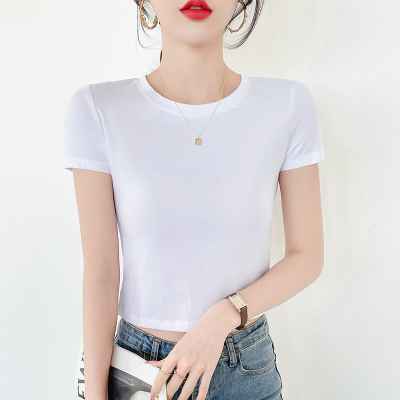 White short t-shirt women's short-sleeved ins trendy navel top tight cotton summer high-waisted belly button half-sleeved t-shirt