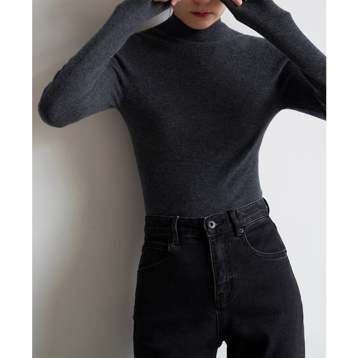 SHALLOW STREAMS autumn and winter seamless one-piece dark gray semi-turtleneck wool knitted sweater women's bottoming shirt top