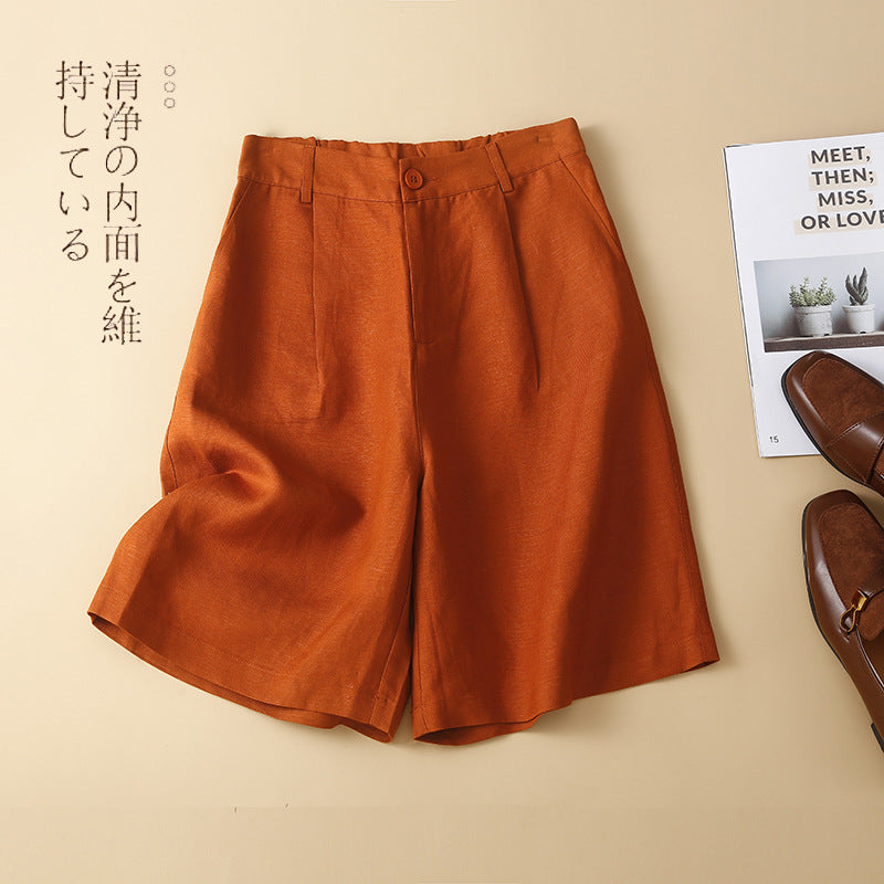 Real shot 2025 summer thin cotton and linen literary loose casual wide-leg five-point medium pants women #9277