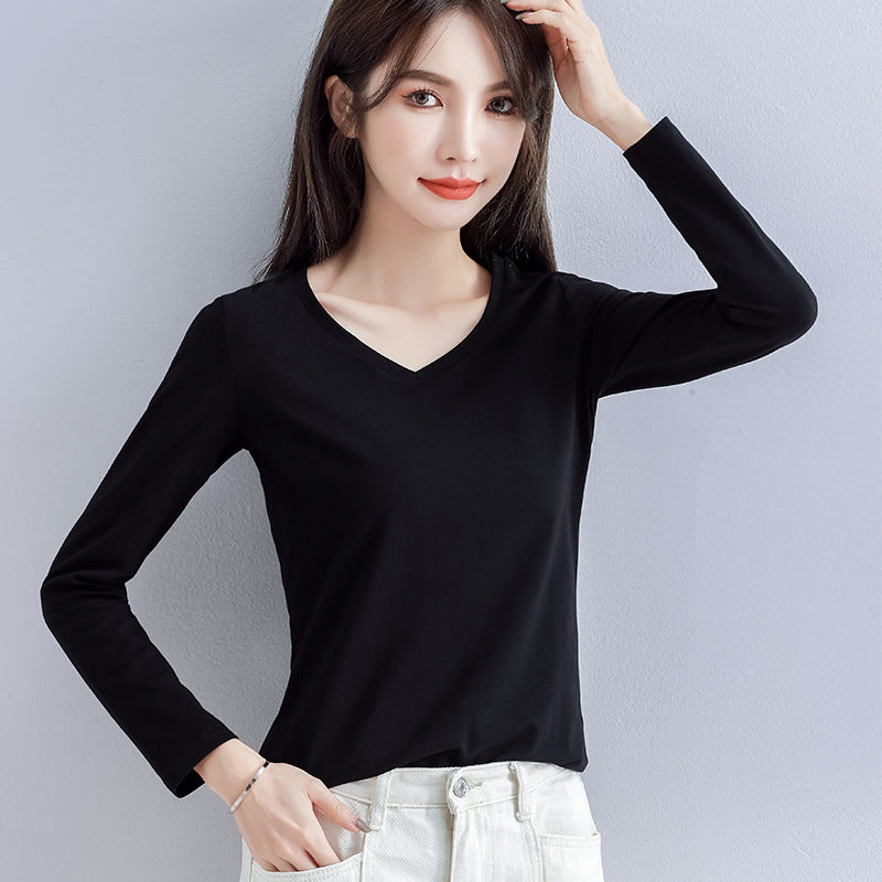 Spring and Autumn 2025 pure cotton versatile V-neck long-sleeved T-shirt women's Korean version with slim foreign base shirt top for commuting