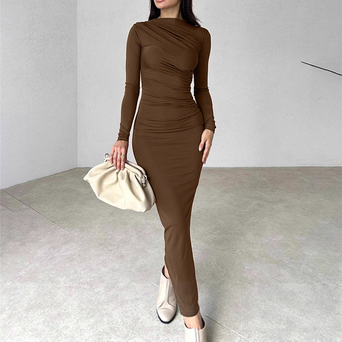 2025 spring and autumn cross-border hip-wrapped split-ended dress for women, slim and thin in spring and autumn, solid color, long sleeves, high waist and thin