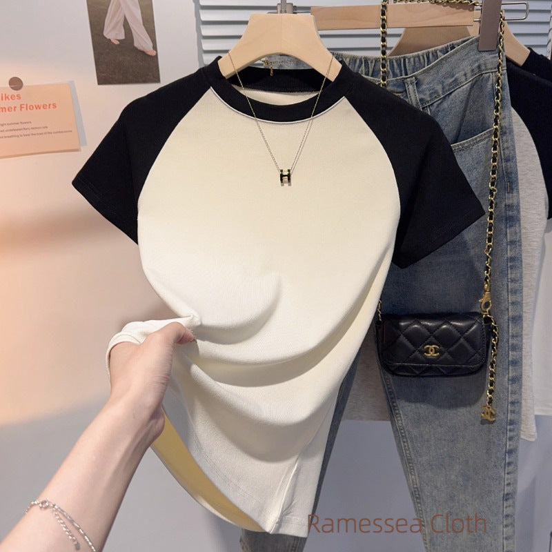 apricot versatile small stand-up collar short-sleeved T-shirt for women's 2025 summer new Korean tight and thin ice silk t-shirt