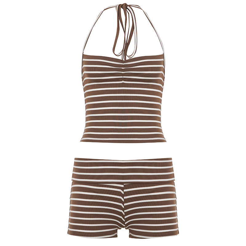 American foreign trade sports style striped two-piece set pleated one-word neck vest + low-waist flanged hip pants