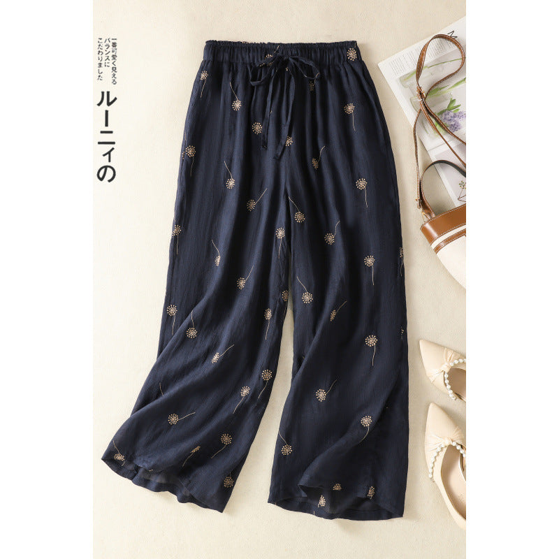 Summer 2025 new cotton and linen retro small polka dot printing wide-leg pants elastic waist casual nine-point straight-leg pants women