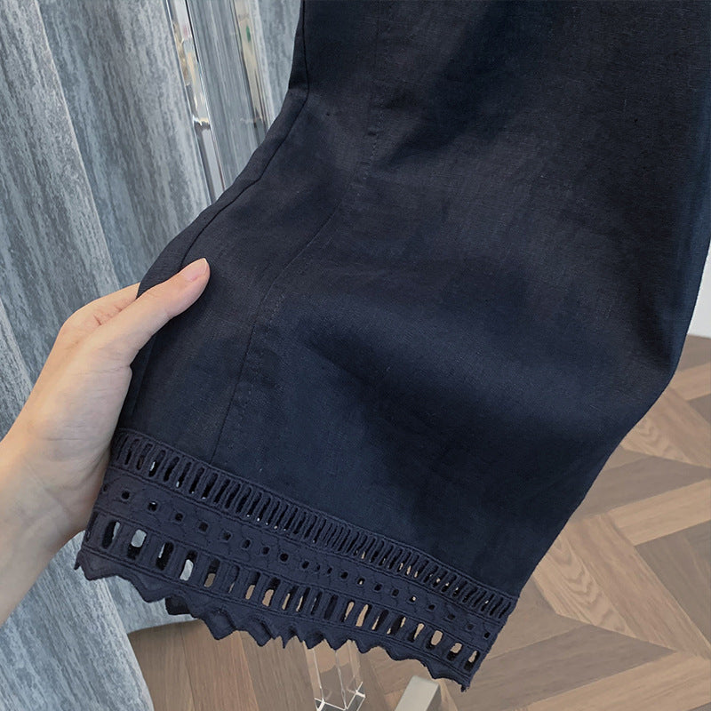 Real shot 2025 autumn new cotton and linen elastic waist casual pants women's silk lace loose straight wide-leg pants nine-point pants