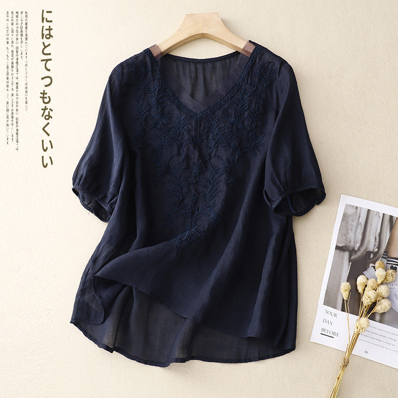 Real shot 2024 summer new cotton and linen embroidered literary and retro top T-shirt women