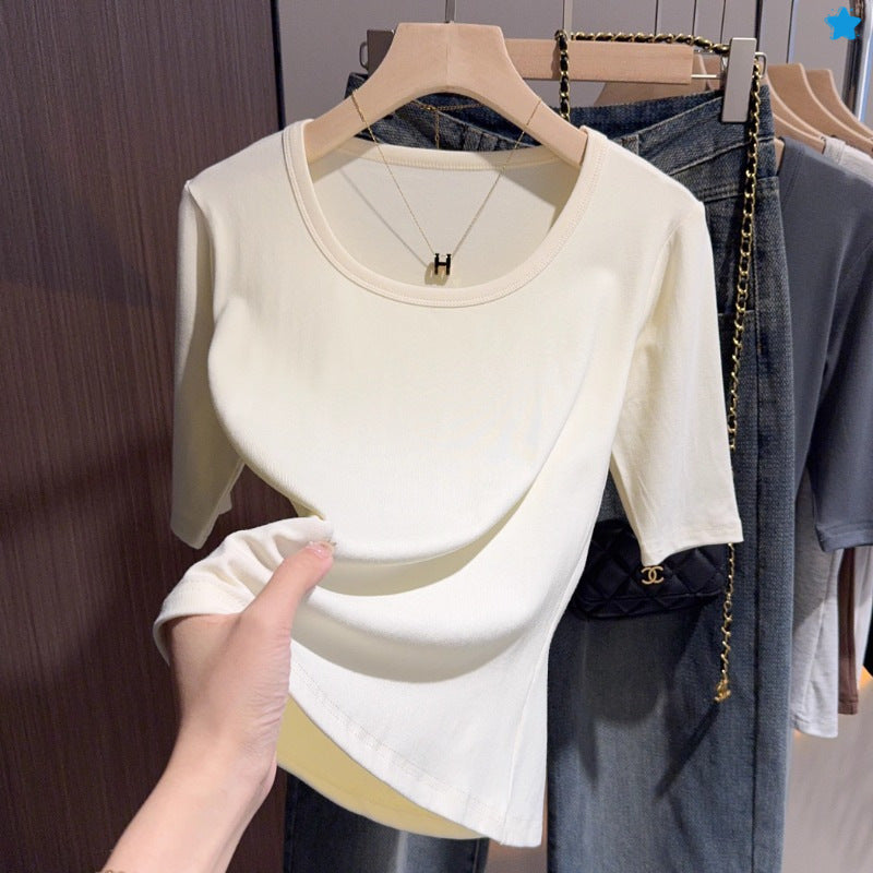 Gray-blue Korean five-quarter-sleeved bottoming shirt T-shirt women's spring versatile half-sleeved U-neck medium-sleeved front shoulder top small shirt