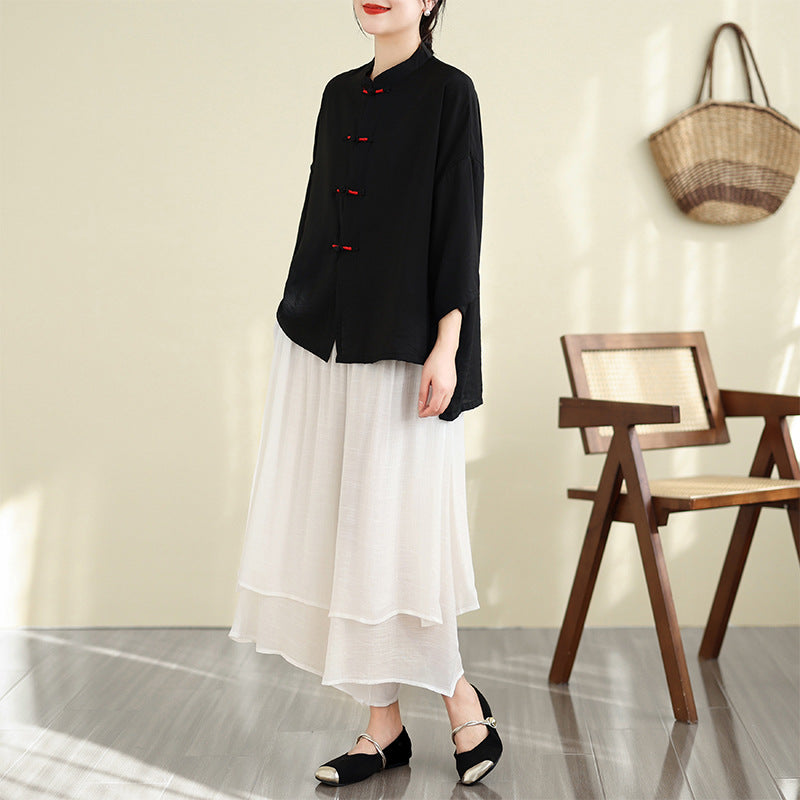 Real shot summer top women's 2025 new Chinese retro disc buckle tea clothes sunscreen air conditioner shirt set